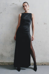 Violet Sleeveless Satin Maxi Dress - Black