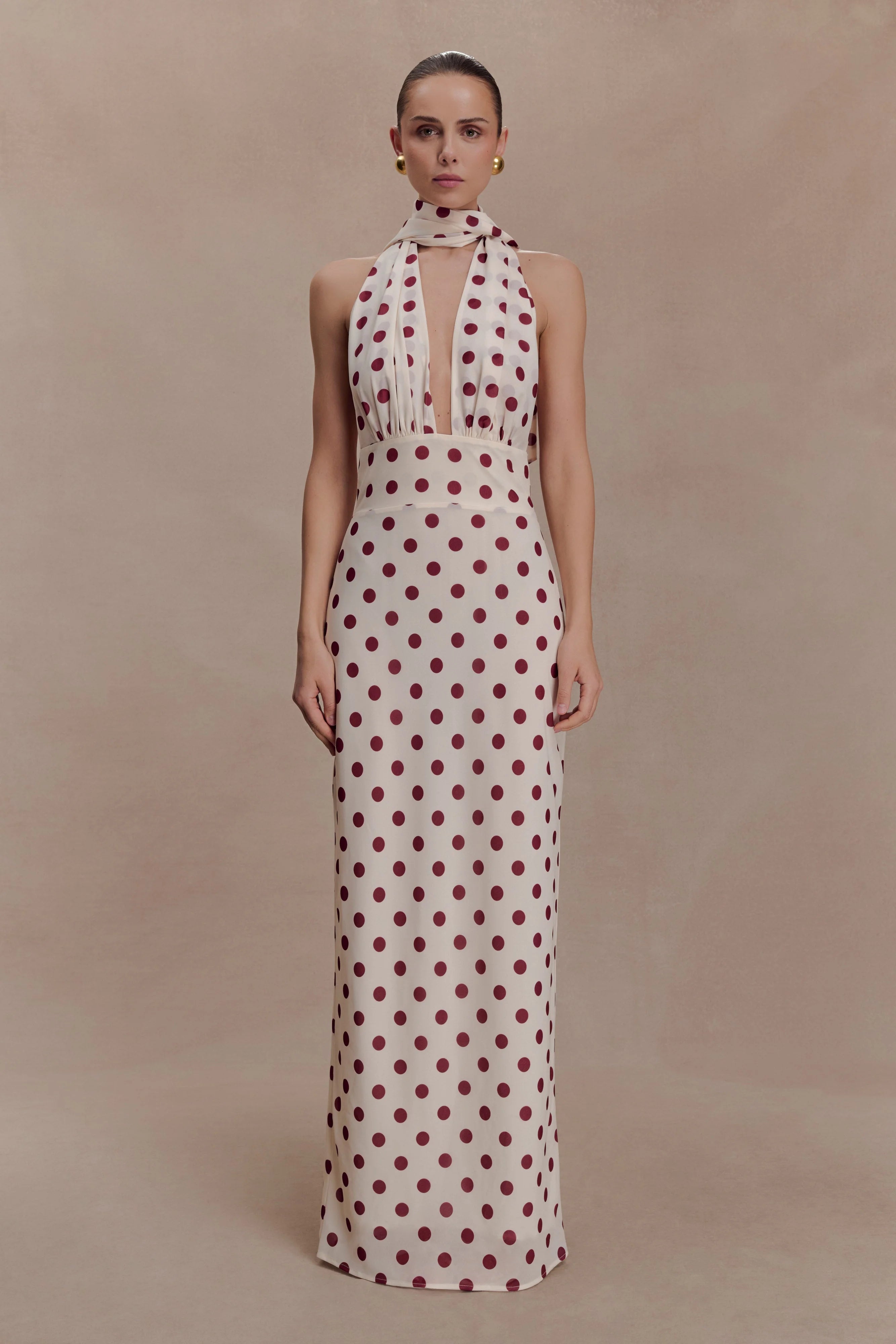 Nadine Halter Chiffon Maxi Dress - Ivory/Merlot Polka Dot